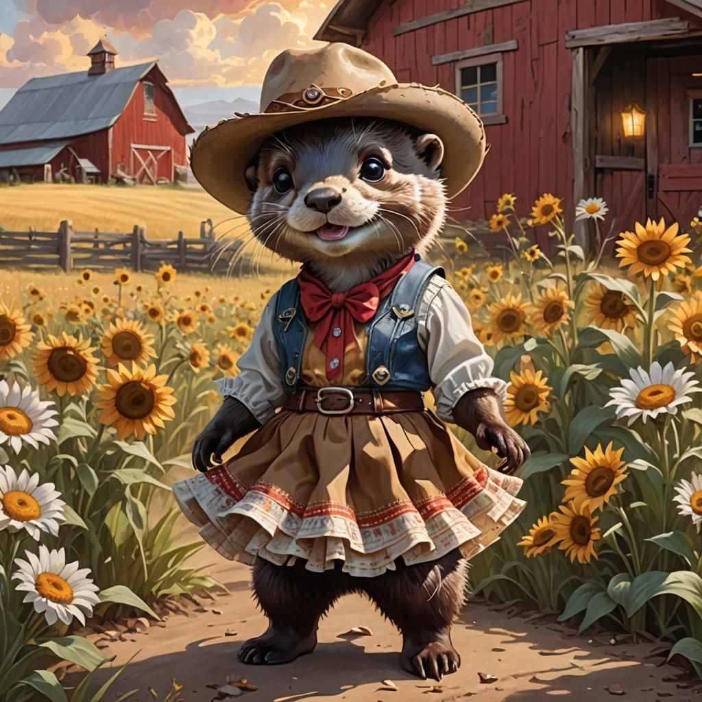 Cowgirl Otter Dances at Sunset: Digital Art