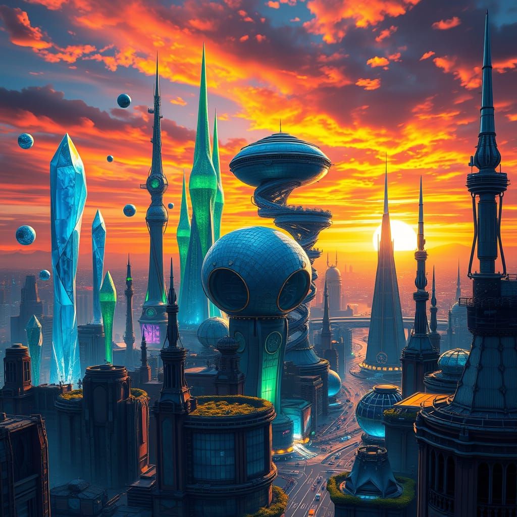 Futuristic Cityscape Under Vibrant Sunset