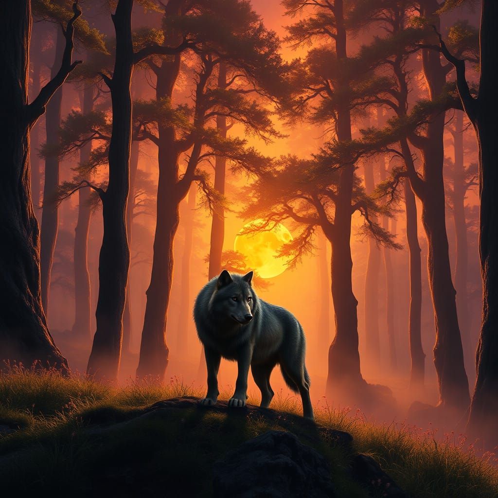 Majestic Dark Grey Wolf in Mystical Forest at Sunset in Art....