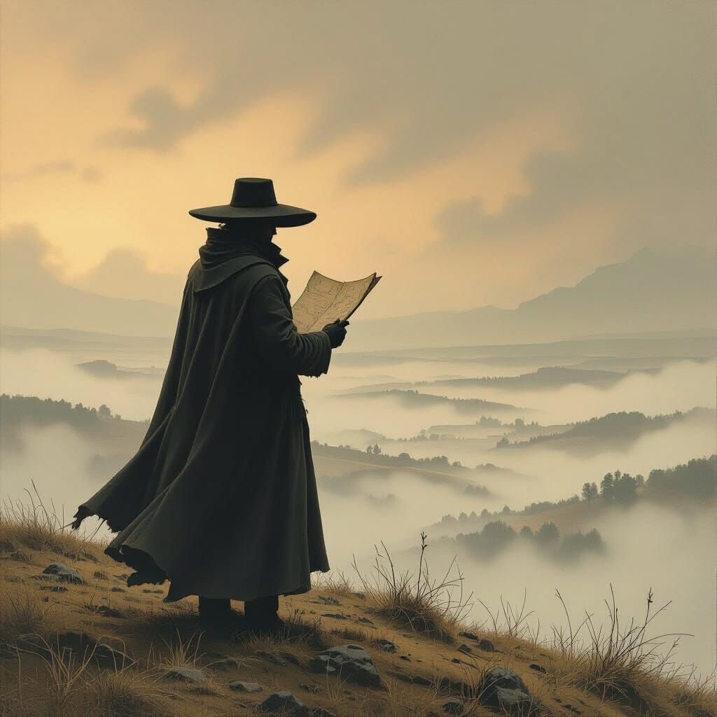 Melancholic Figure Overlooks Misty Valley in Dreamlike Style