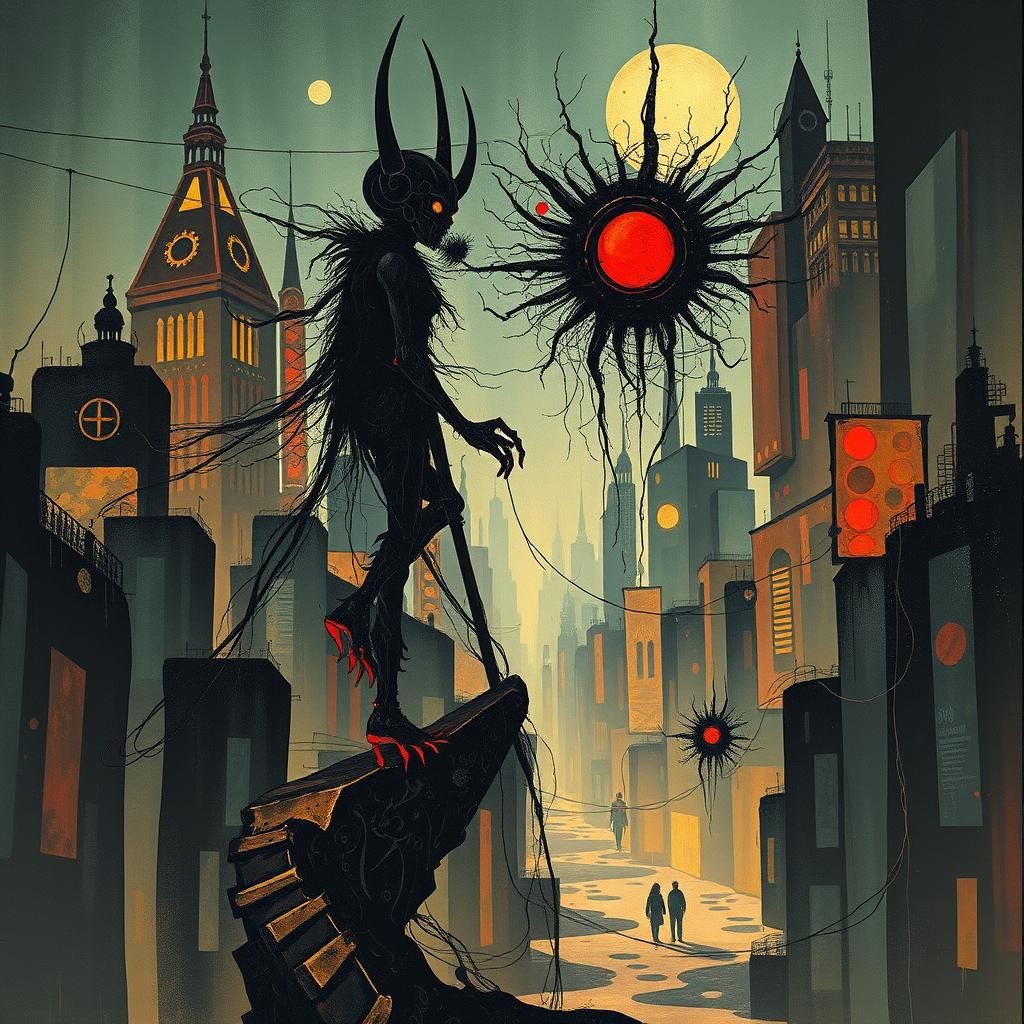 Dystopian Anime Trading Card in Art Deco Style