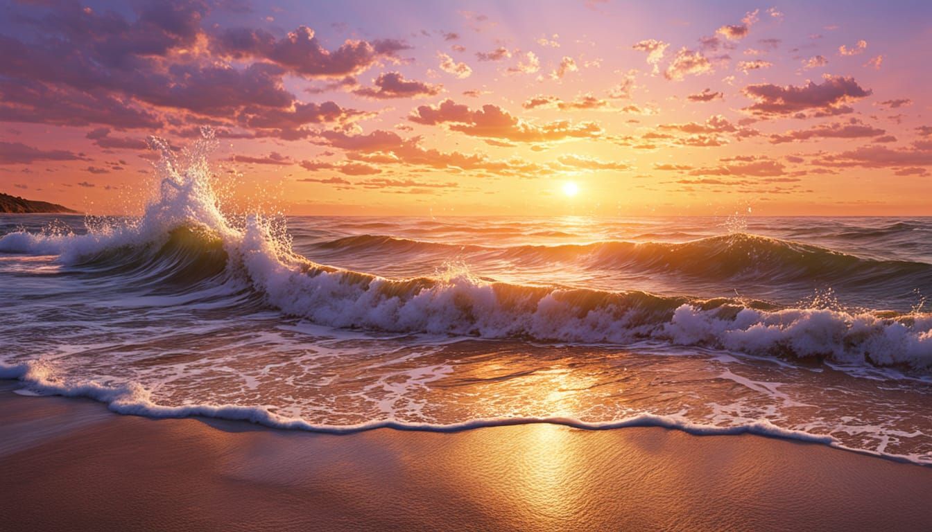 Golden Hour Sunset Over Churning Sea