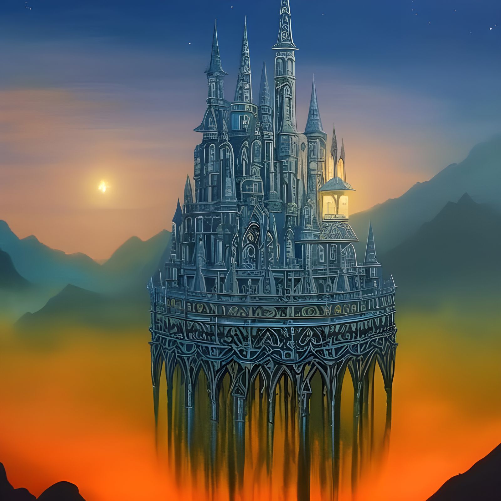 Blue Elvish Water Temple with Moon: Mystical Painting