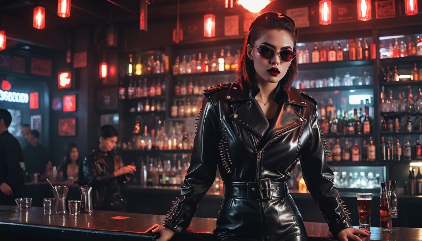 Cyberpunk Woman in Latex Jacket at Chrome Bar