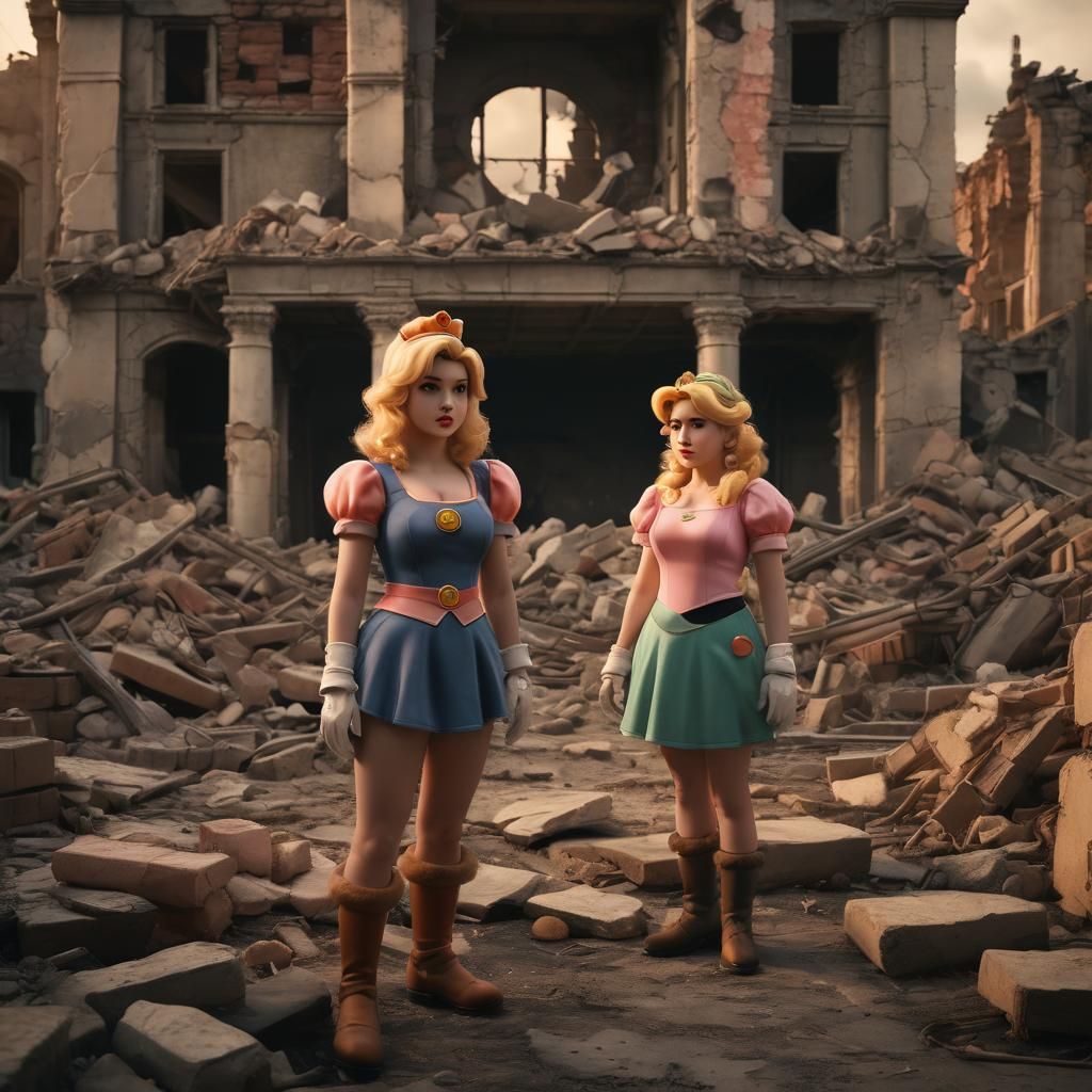 Princess Peach and Yoshi in Dark Fantasy Ruins