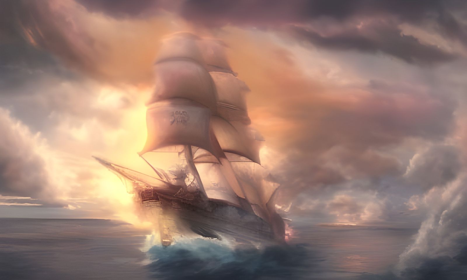 Old Ship Soaring Through Sunset Sky