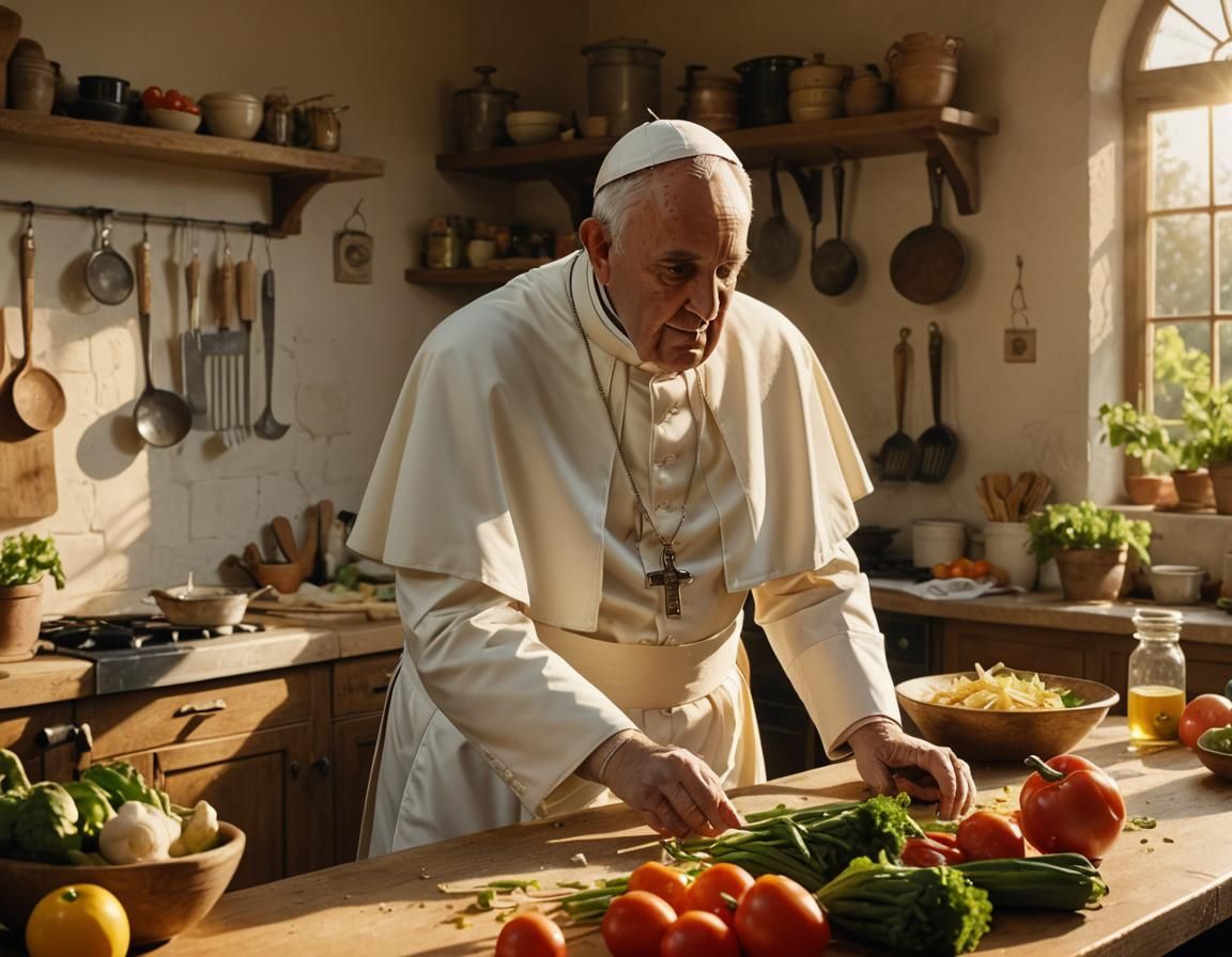 Pope Cooking in Rustic Italian Kitchen