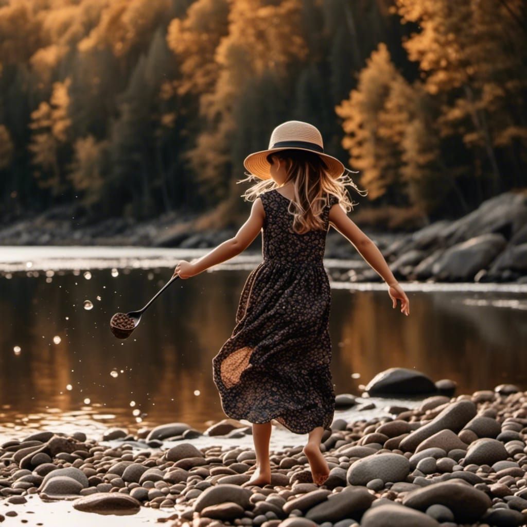 Cute Girl Skipping Rocks by River