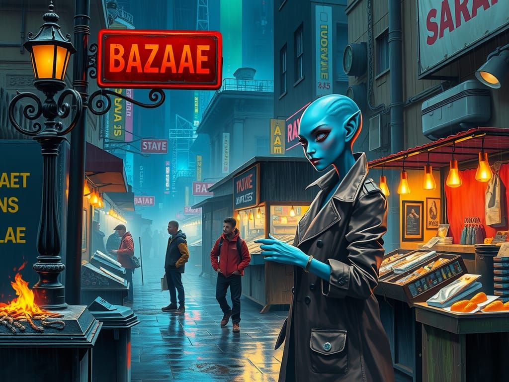 Cyberpunk Black Market Favela Scene on a Rainy Night