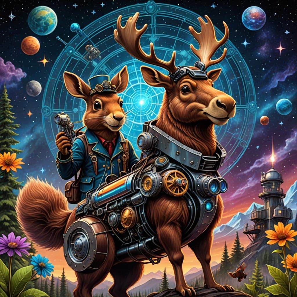 Rocket and Bullwinkle: Steampunk Astral Illustration