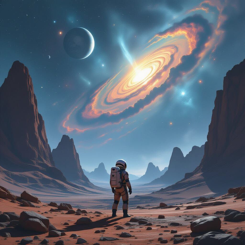 Astronaut on Alien Planet with Nebulae Sky