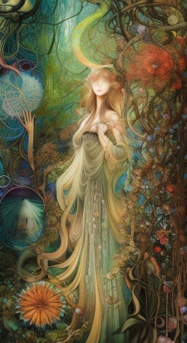 Botanical Woman in Forest: Digital Collage Art