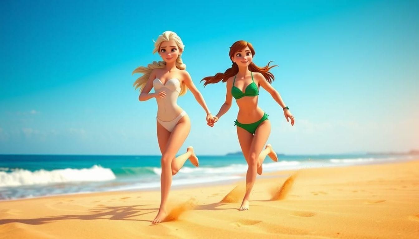 Elsa and Ana on a Summer Beach as 3D Digital Art