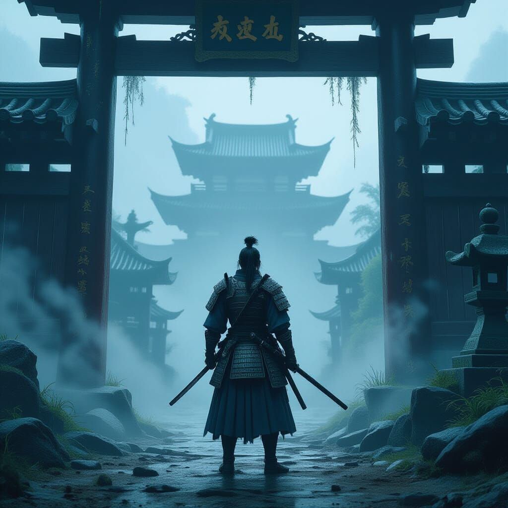 Samurai Warrior at Misty Temple Entrance - Concept Art