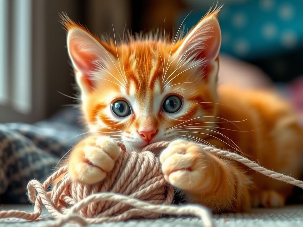 Cute Orange Kitten Playing with Yarn