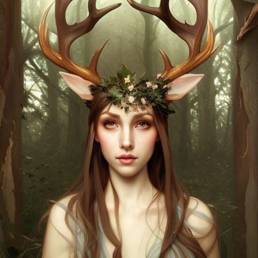 Ethereal Elf Portrait with Deer Antlers