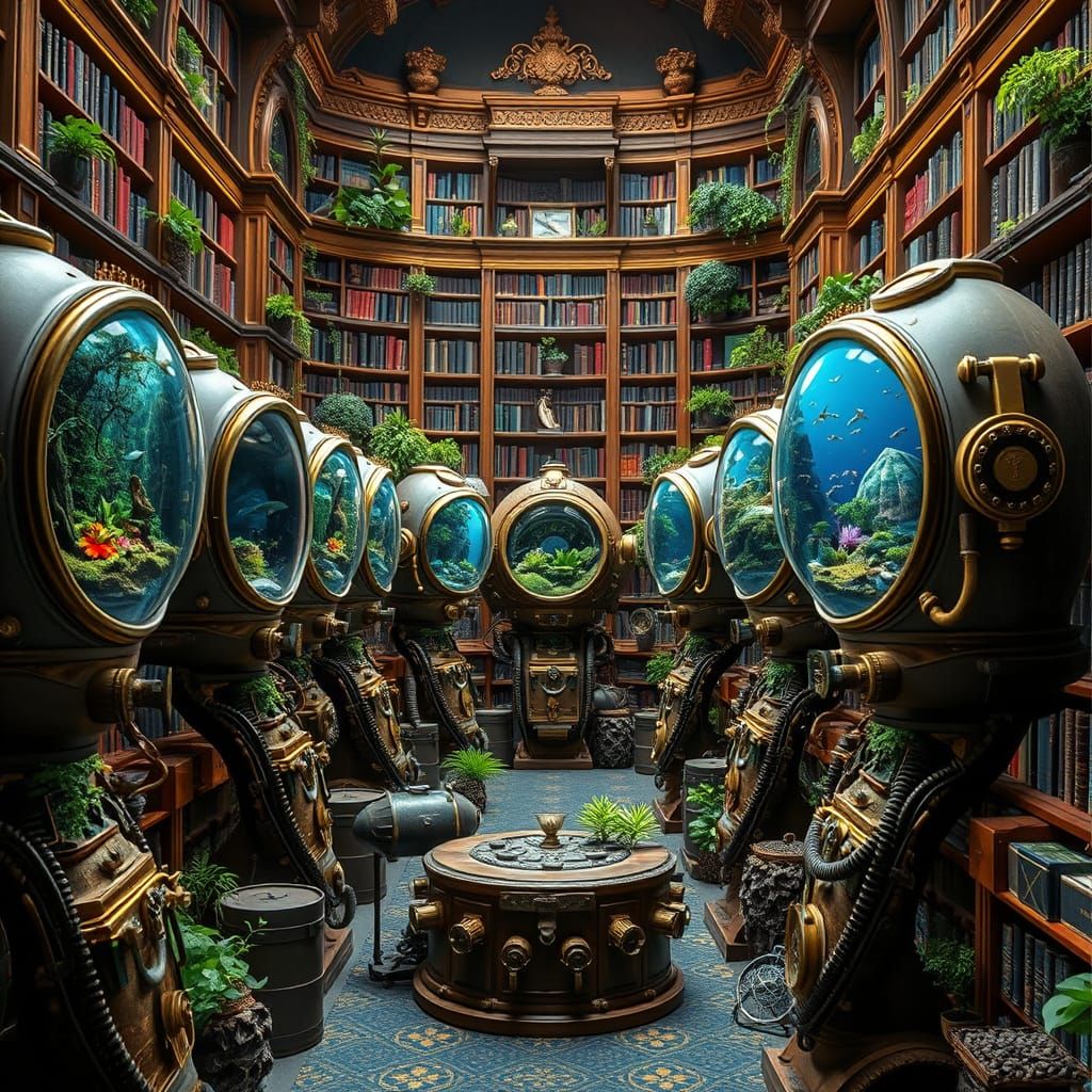 Surreal Diving Suit Library with Miniature Ecosystems