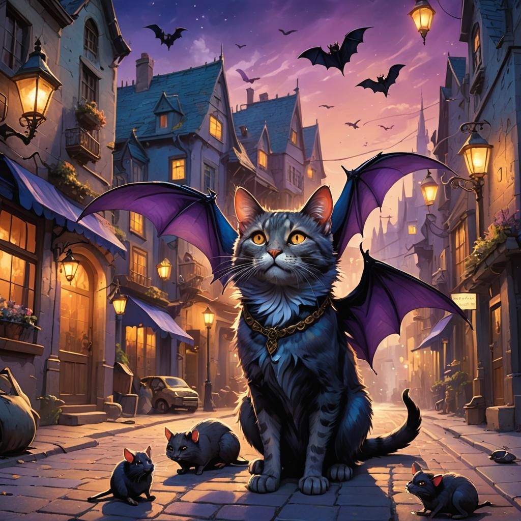 Mystical Street Scene with Cat, Rats and Bats