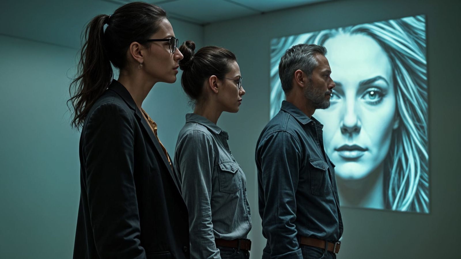 Three Figures Reject AI Visions in Desaturated Tones