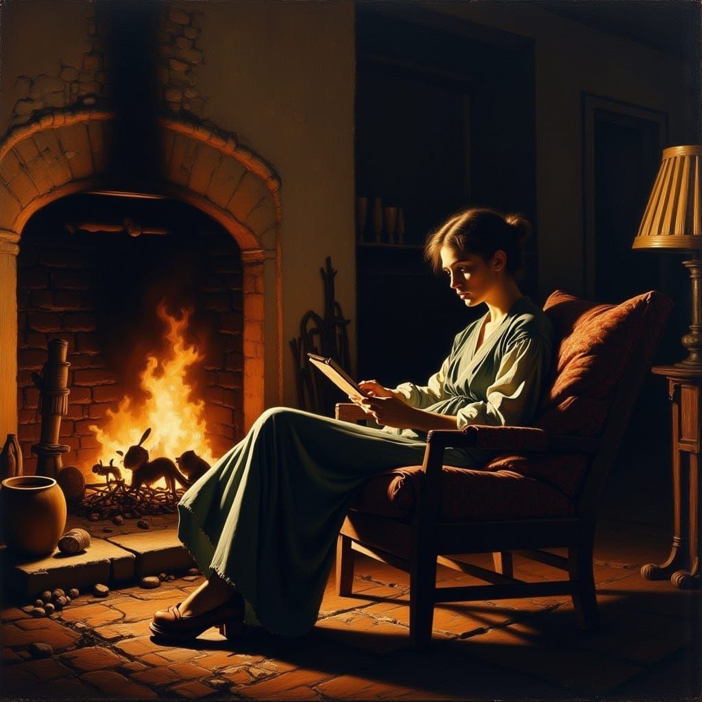 Woman Relaxing in Warmth of Cozy Fireplace