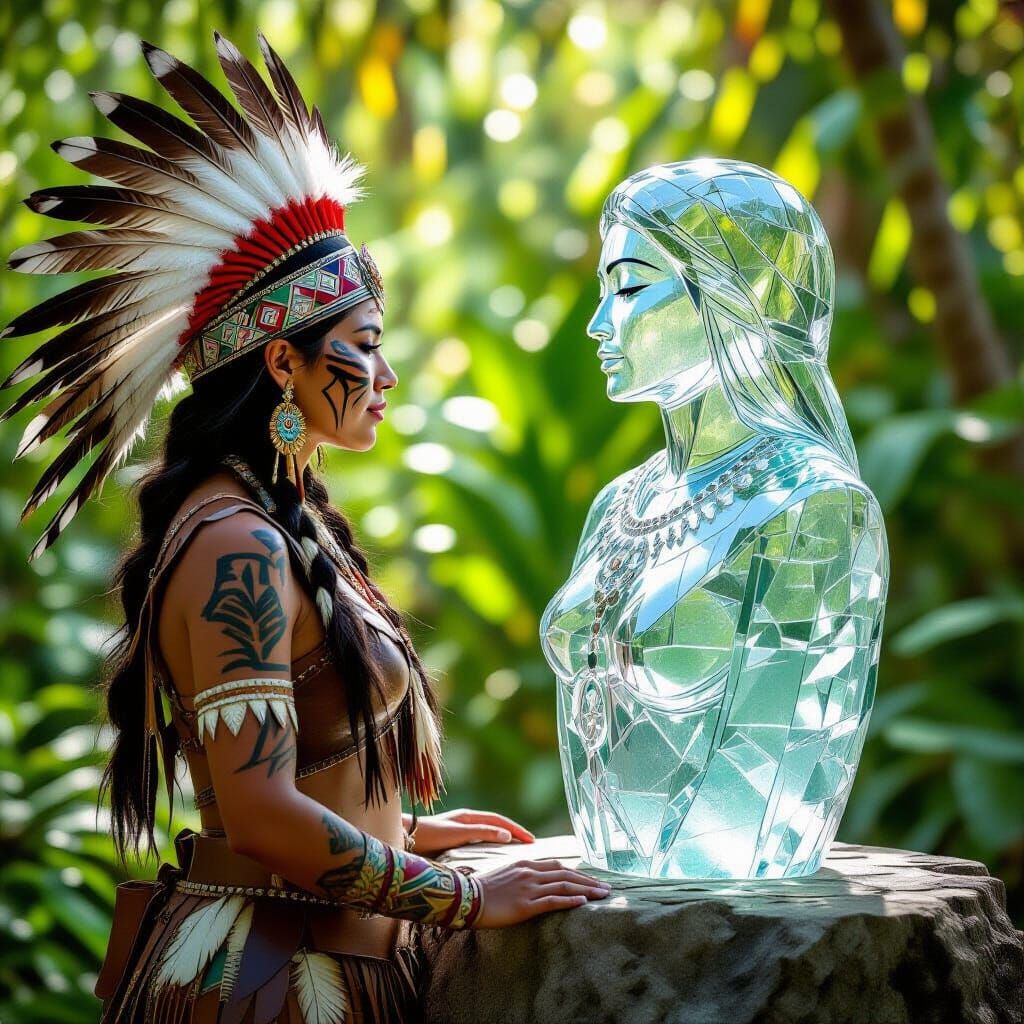 Tribal Woman Before Glass Sculpture in Monet Style