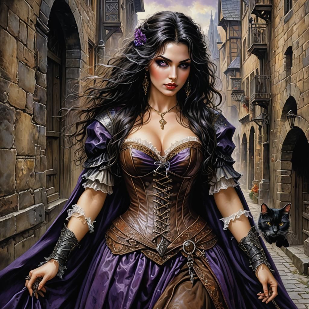 Medieval Magician Woman in Dark Alley, Detailed Acrylic Pain...