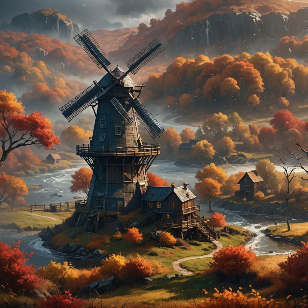 Autumn Windmill Landscape with Cinematic Lighting