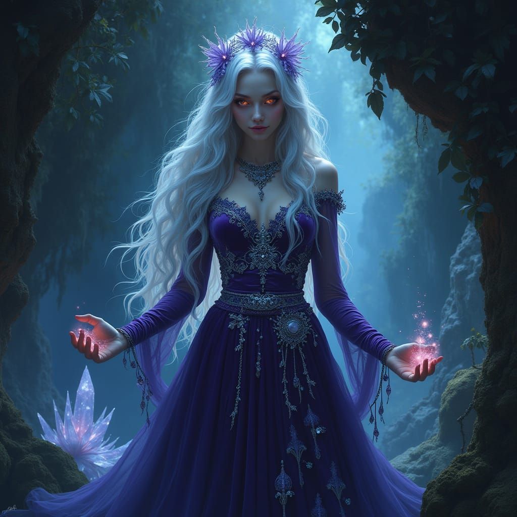 Enchantress in Dark, Gothic Grotto with Bioluminescent Flora