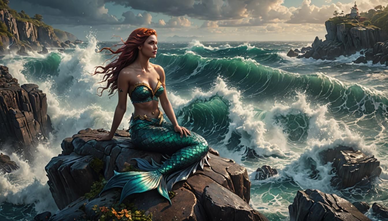 Mermaid on a Cliffside as Detailed Fantasy Art