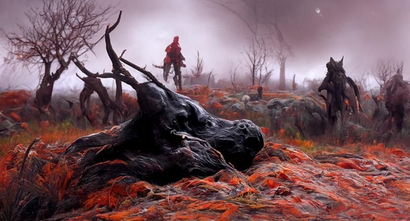 Eerie Foggy Landscape with Dark Fantasy Elements