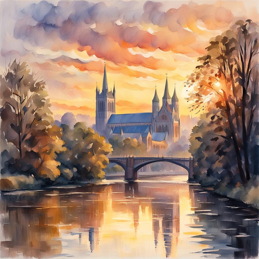 Worcester Cathedral Gouache Painting in Impressionist Style