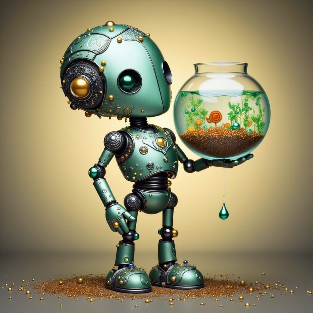 Cute Robot Holding a Fishbowl