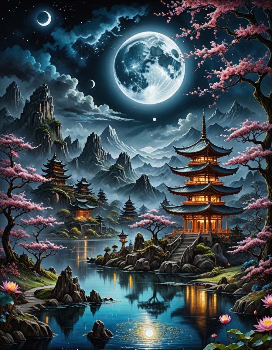 Ethereal Lunar Pagoda in a Celestial Abyss