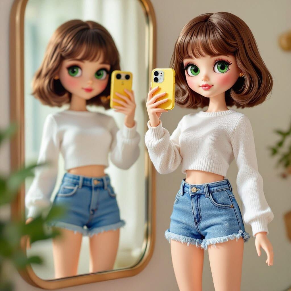Blythe Doll Takes Selfie With iPhone 14 in Yellow Case