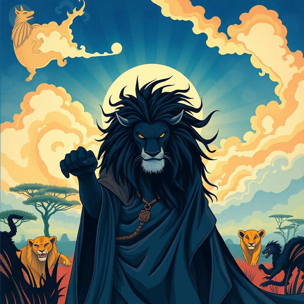 Scar Plots Against Mufasa in Ukiyo-e Style