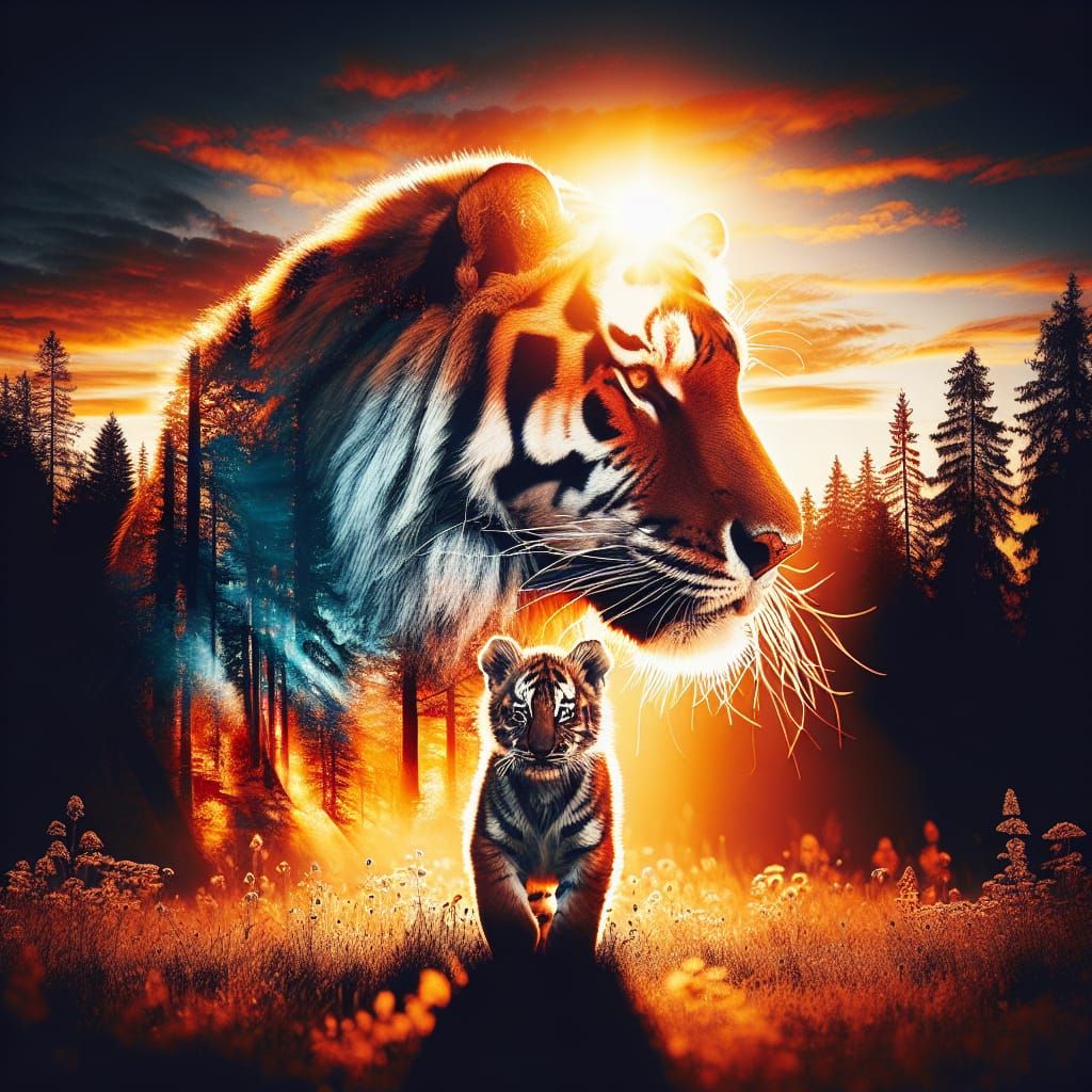 Majestic Tiger Family in Vibrant Double Exposure