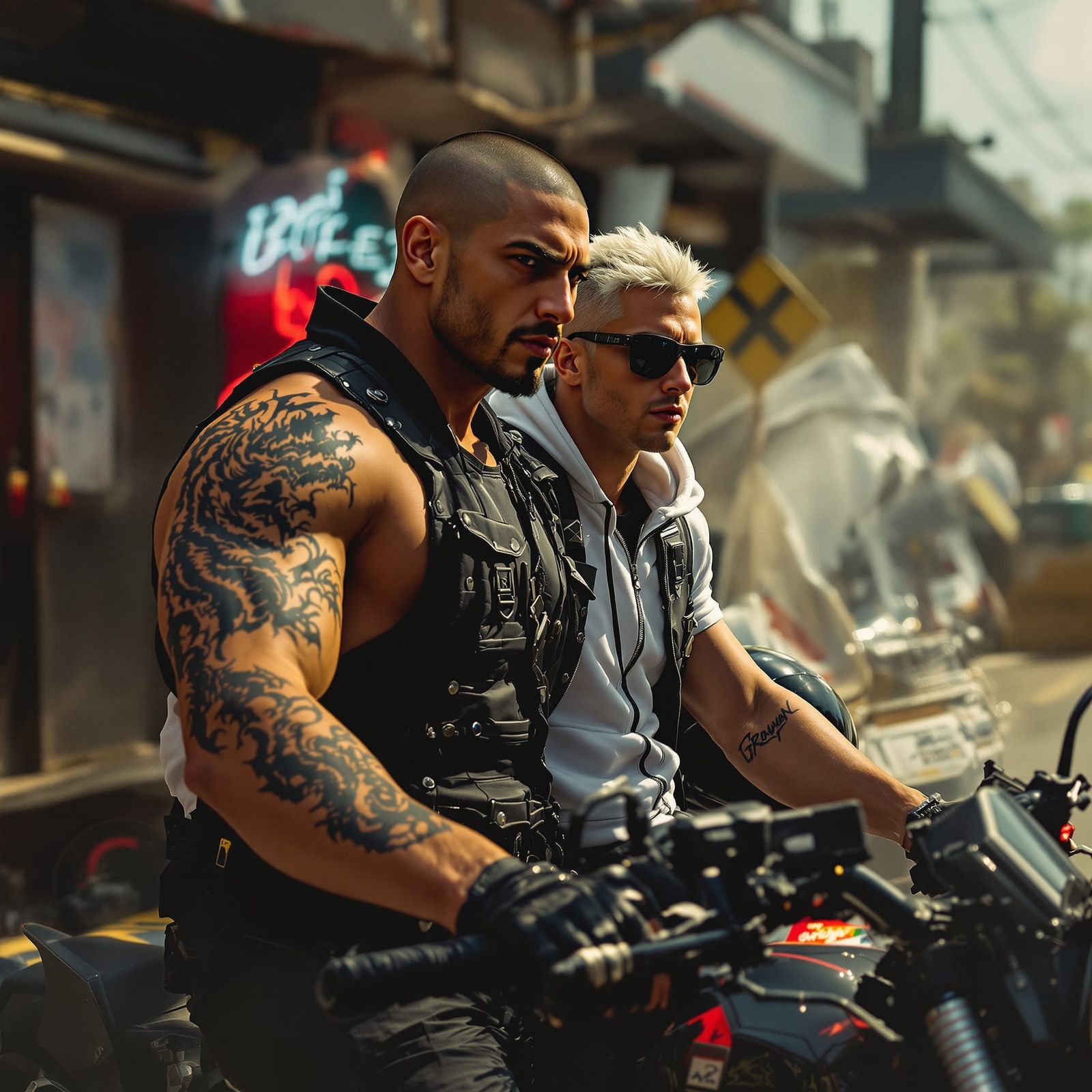 Cyberpunk Bikers on Motorcycle, Fantasy Concept Art