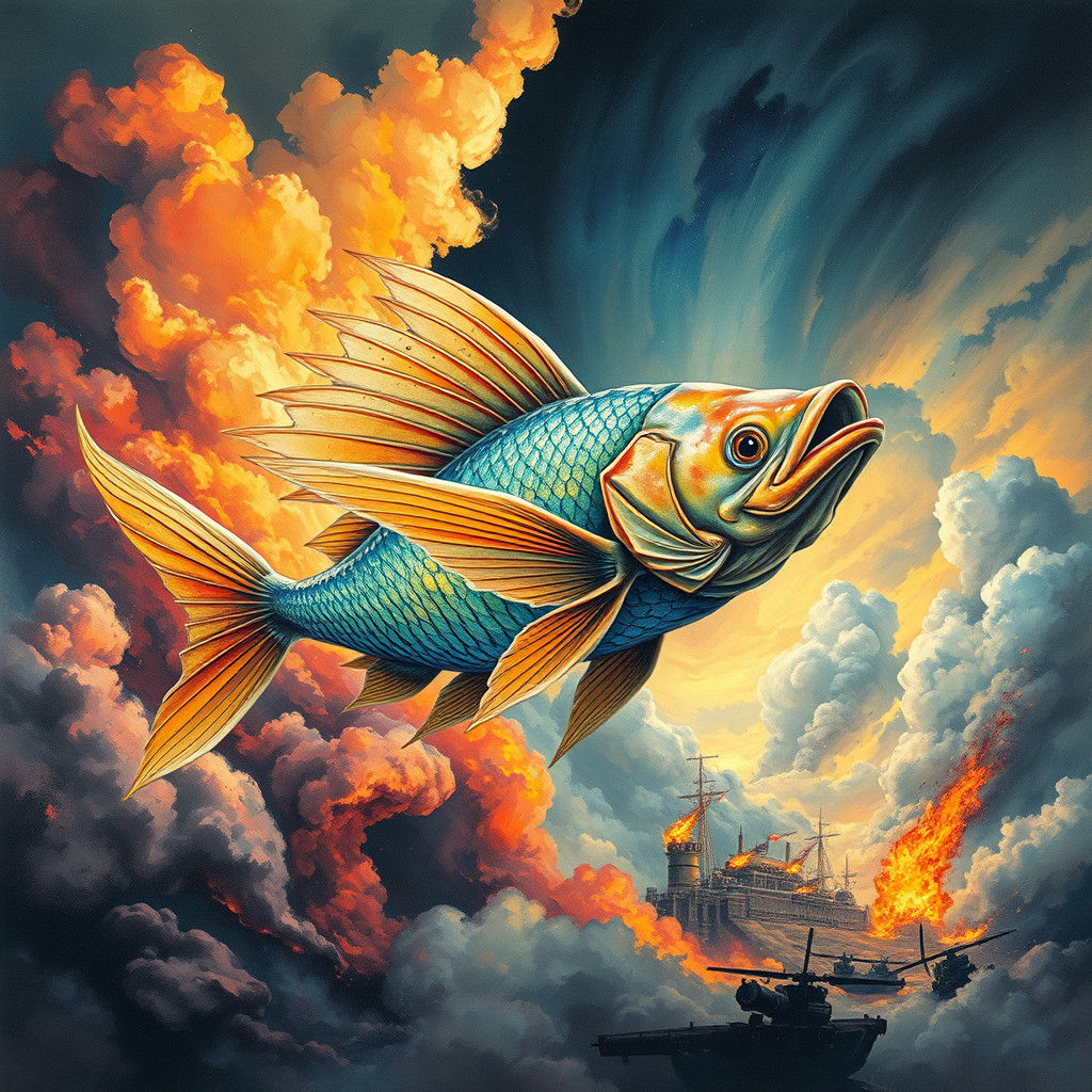 Winged Fish Soaring Through Impasto Clouds