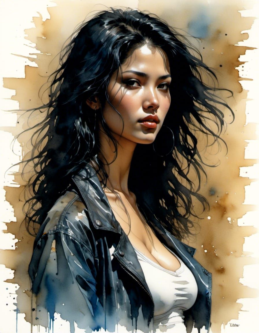 Woman with Blue-Black Hair in Chiaroscuro Illustration