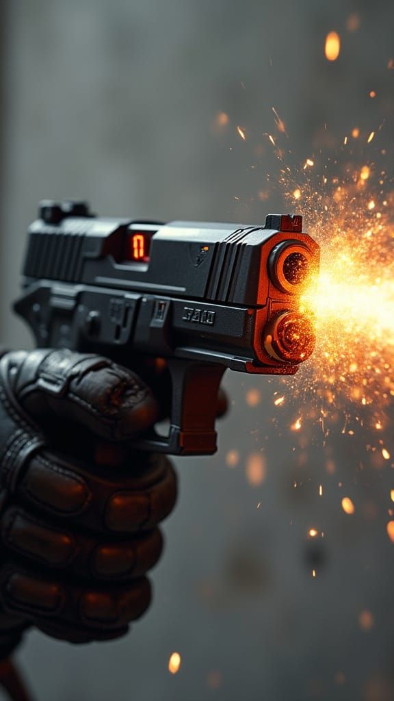Tactical Pistol Firing with Muzzle Flash in Slow Motion