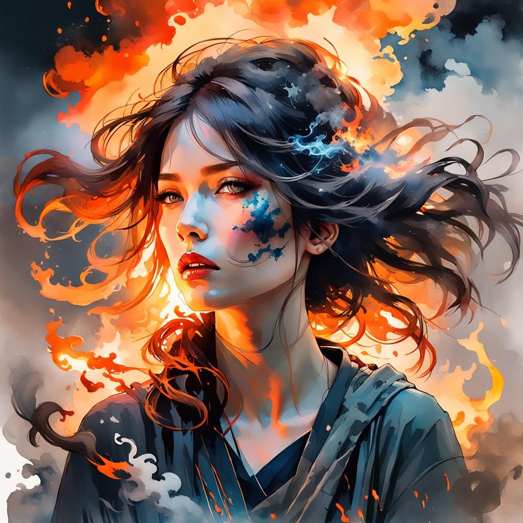 Smoldering Girl: A Fiery Watercolor Portrait