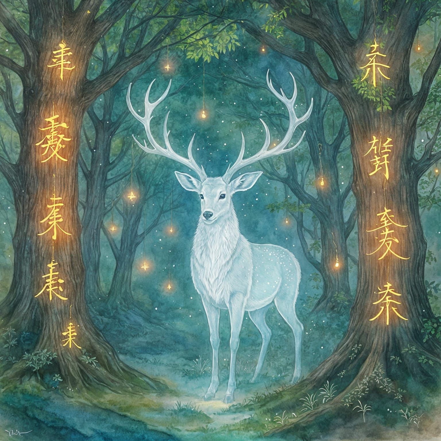 Ethereal Deer Spirit in Mystical Japanese Forest