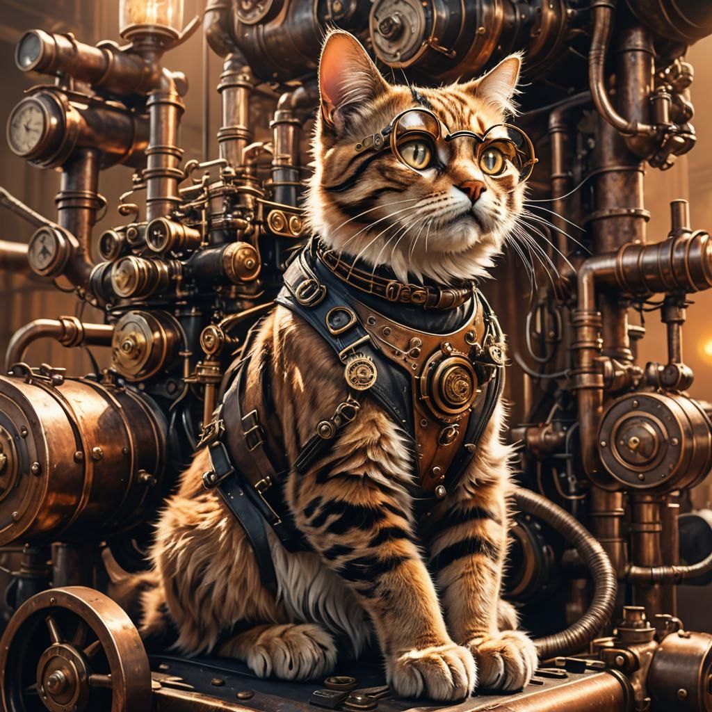 Steampunk Cat on Engine in Victorian Style