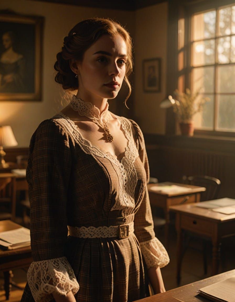 Moody Mistress in a Dimly Lit Classroom