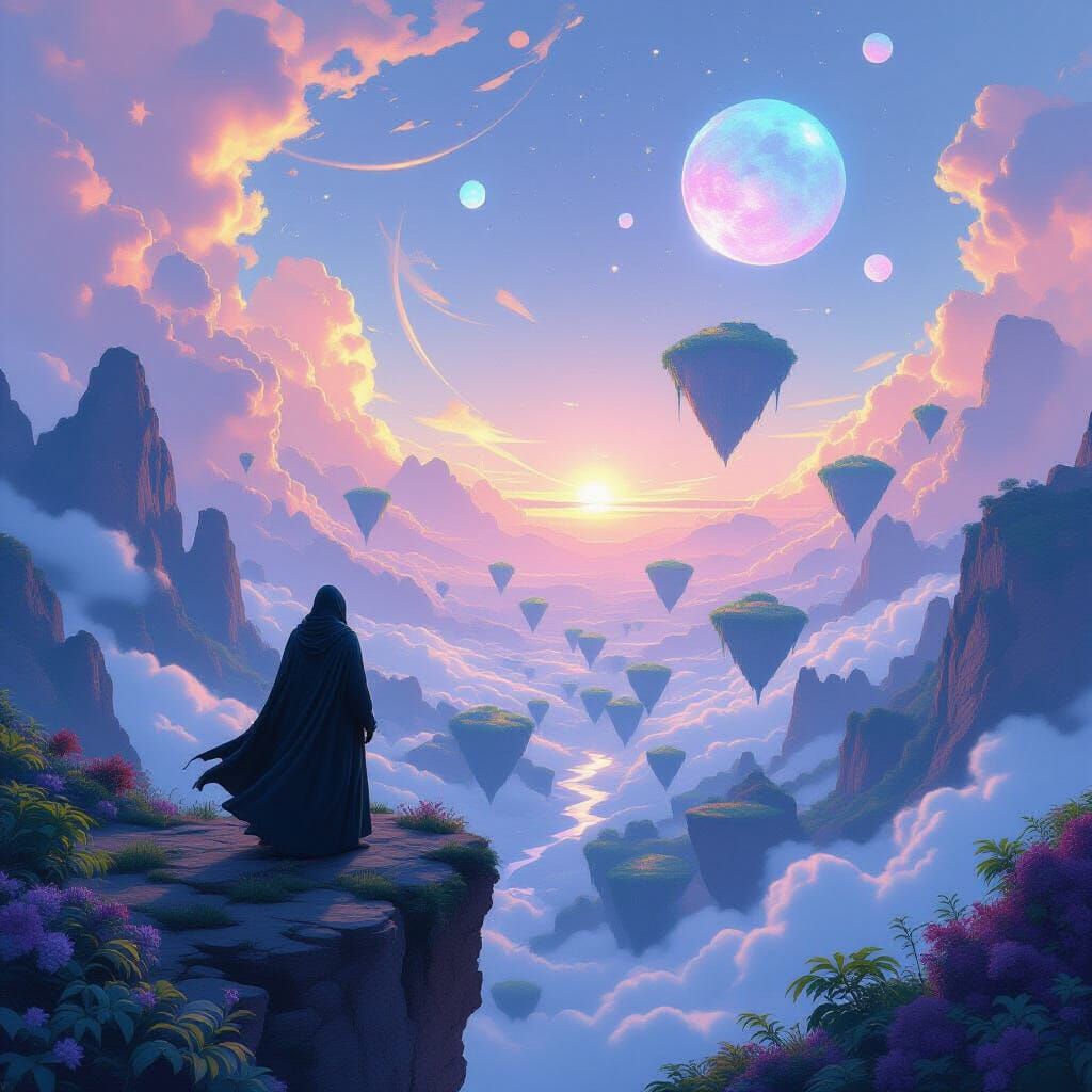 Surreal Valley of Floating Islands in Matte Painting Style