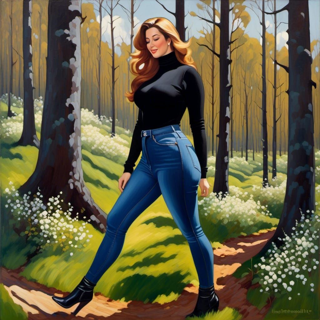 Woman Exploring Spring Forest in Oil Painting