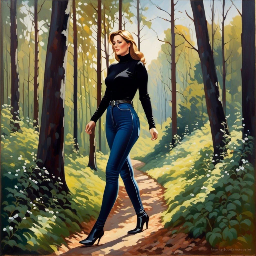 Curvy Woman Exploring Spring Forest as Oil Painting