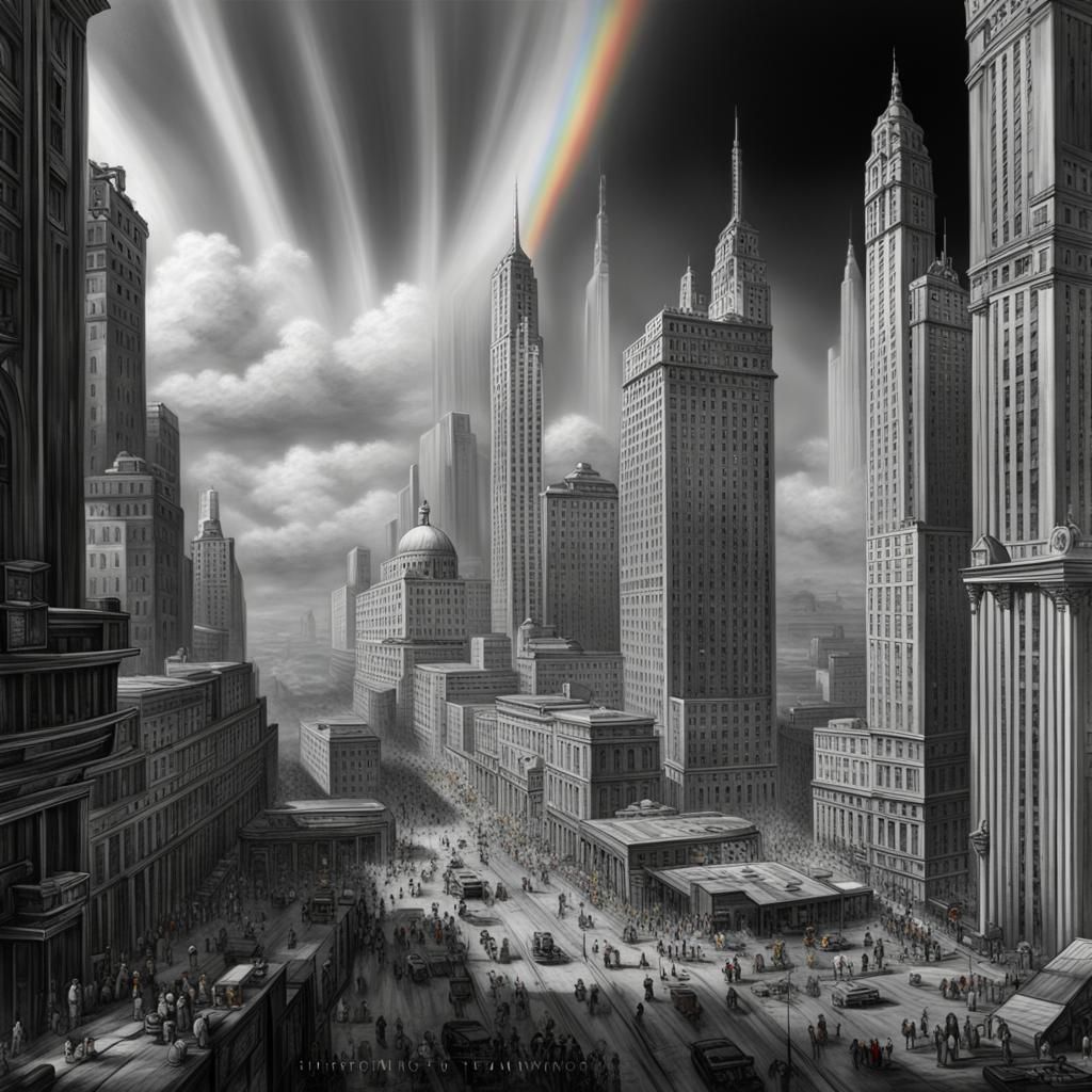 Renaissance Painting of a Future City with Rainbow