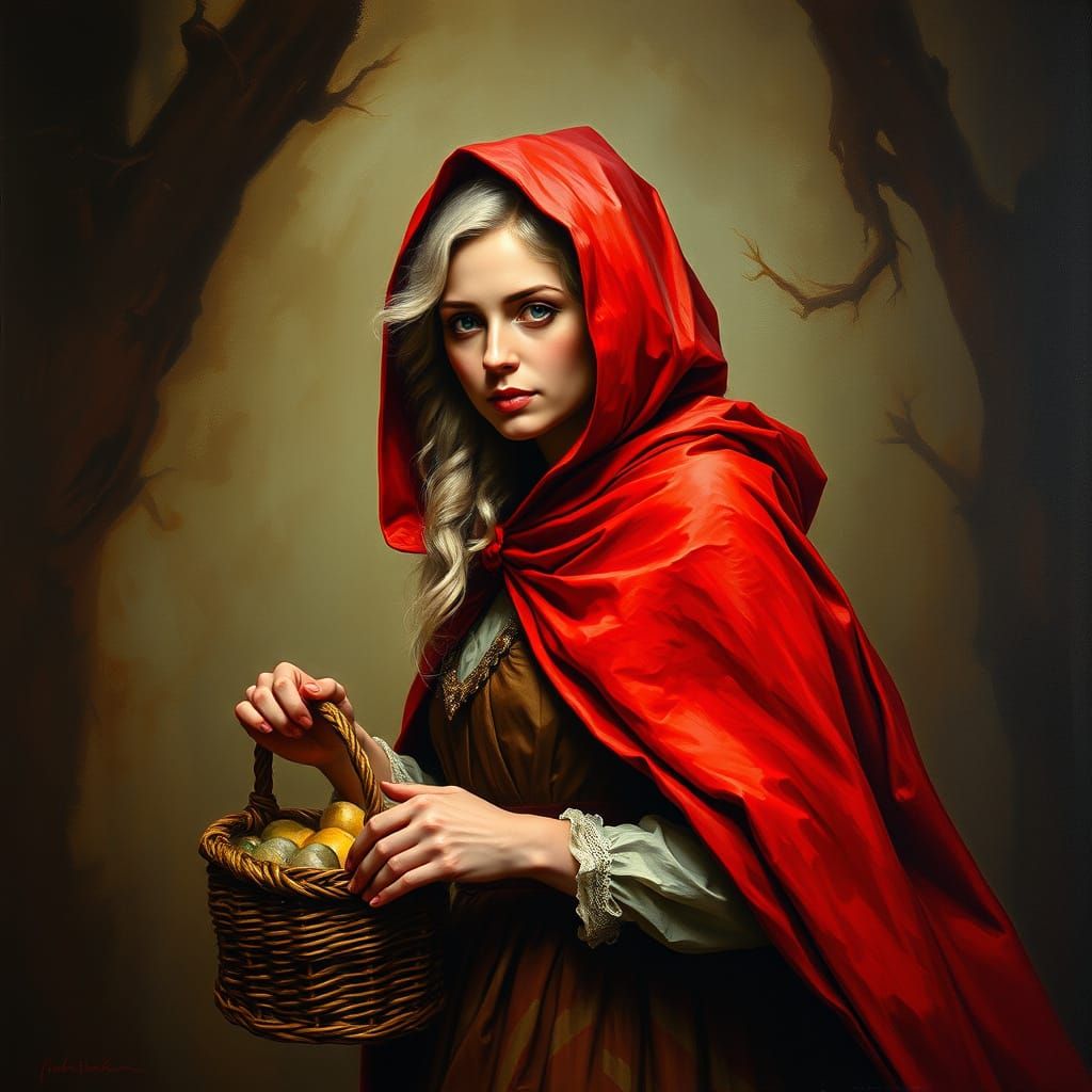 Hyper Realistic Oil Painting of Little Red Riding Hood in Re...