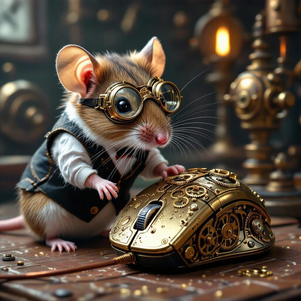 Steampunk Mouse Sniffs Artificial Computer Mouse
